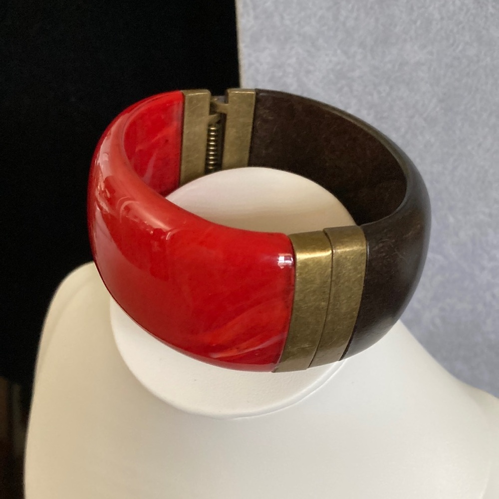 Red Resin and Dark Wood Hinged Bracelet with Brass Accents